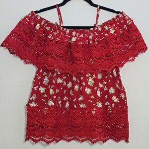 No Boundaries Red Floral Lace Off-Shoulder Blouse Size Large Boho Y2K Fairycore